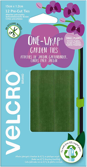 VELCRO® Brand ONE-WRAP® Garden Ties VEL-30701-WEU - Starter Pack for Tomatoes, Vines or Houseplants 12pcs, Pre-Cut, 15cm x 1.2cm, Green, Recycled Plastic