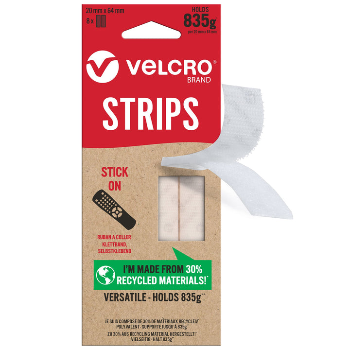 VELCRO® Brand ECO Stick On Strips 20mm x 64mm, White - Pack of 8