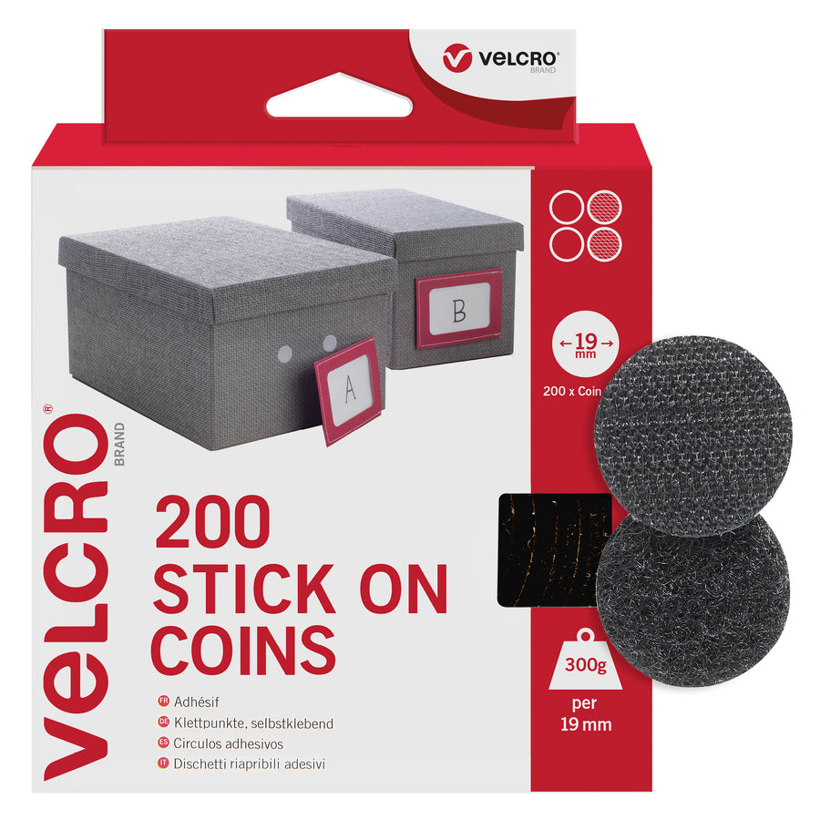 VELCRO® Brand | Stick On Coins | Double Sided Hook & Loop Self Adhesive Sticky Coins Perfect for Room Décor & Home, Office, Garage Use | Black | 19mm x 19mm | Pack of 200