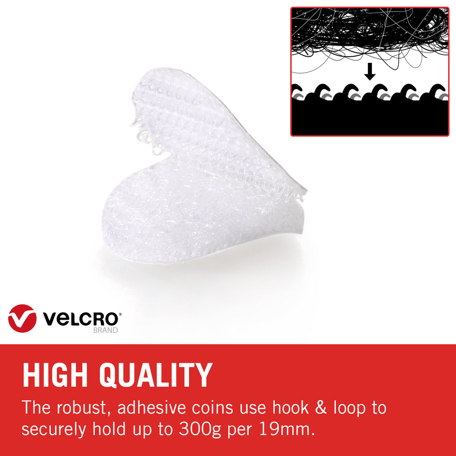 VELCRO® Brand Stick On Coins Double Sided Hook & Loop Self Adhesive Sticky Coins Perfect for Room Décor & Home, Office, Garage Use White 19mm x 19mm Pack of 200