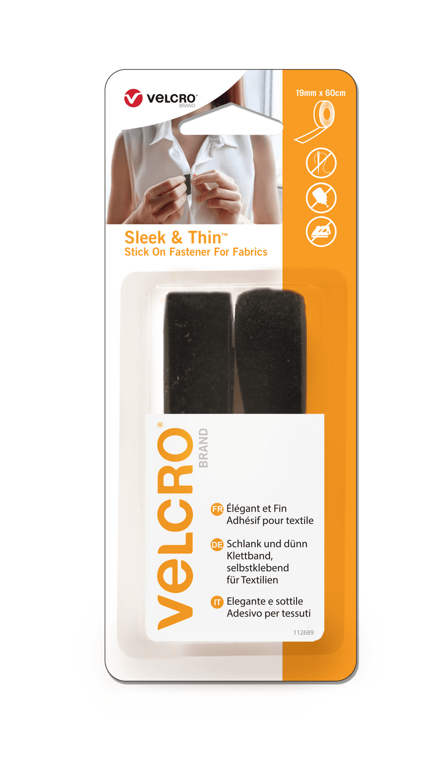 VELCRO® Brand Sleek & Thin™ Stick On Tape 19mm x 60cm black