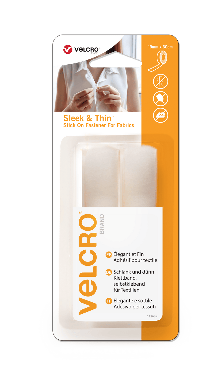 VELCRO® Brand Sleek & Thin™ Stick On Tape 19mm x 60cm white